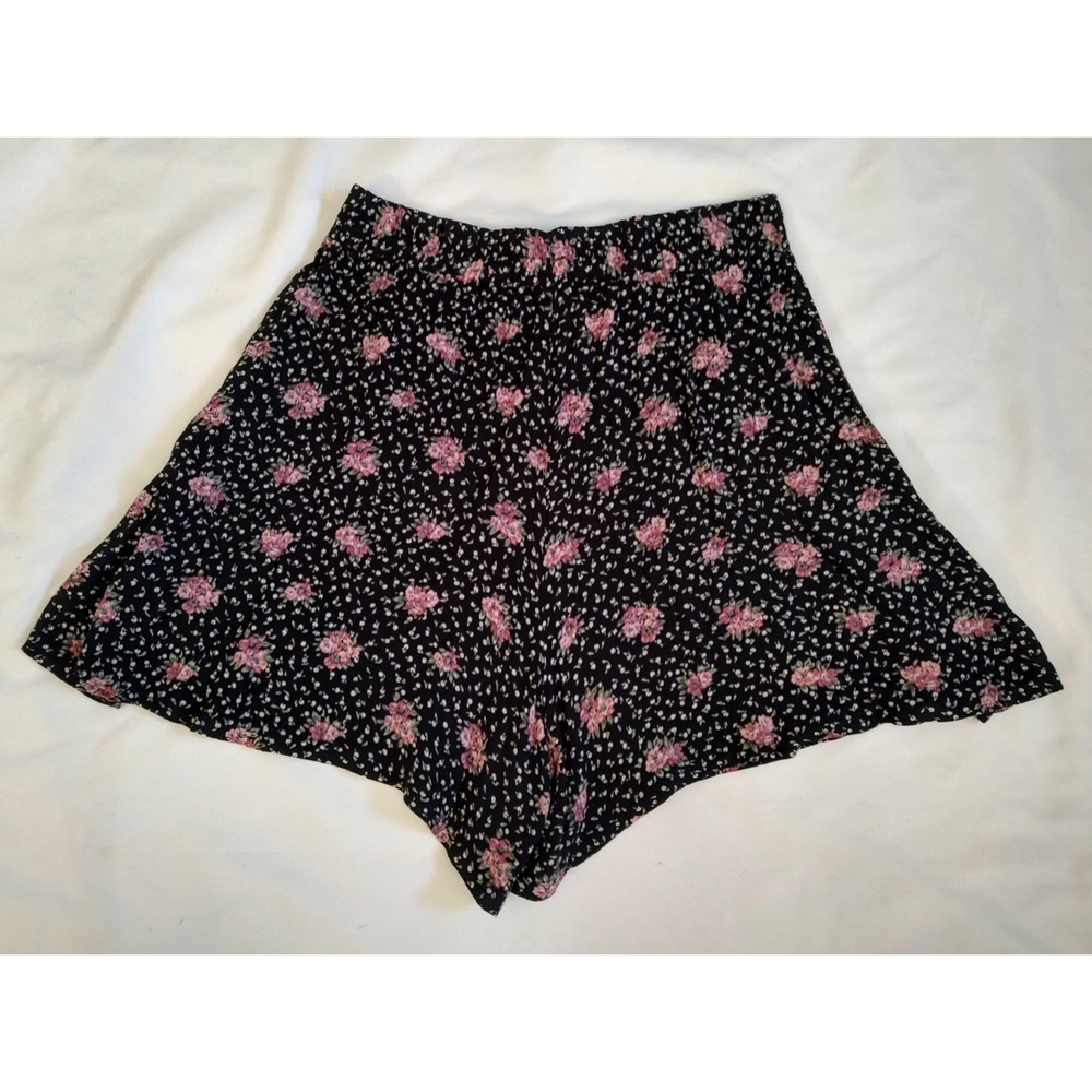90's Vintage Kimberly Hope Rayon Shorts Black Rose Floral Print Loose Fit Sz L